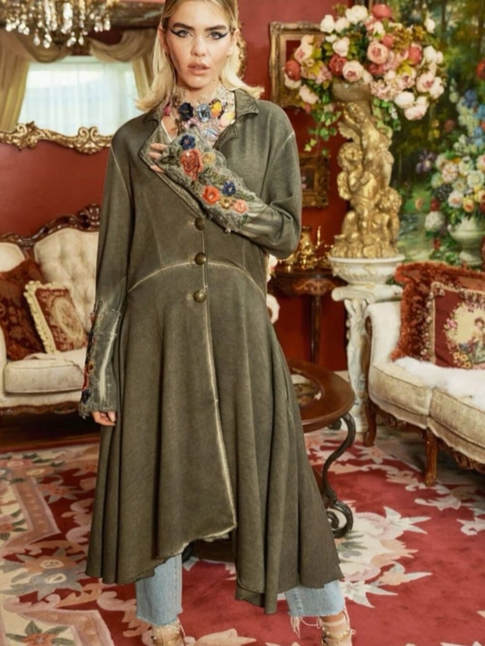 Aratta The Heart of Autumn Cotton Button-Down Floral Long Coat Green SZ S M L